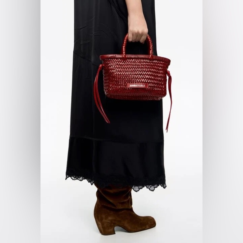 Bimba y Lola Dark Red Plaited Woven Leather Mini Tote Bag with Crossbody Strap